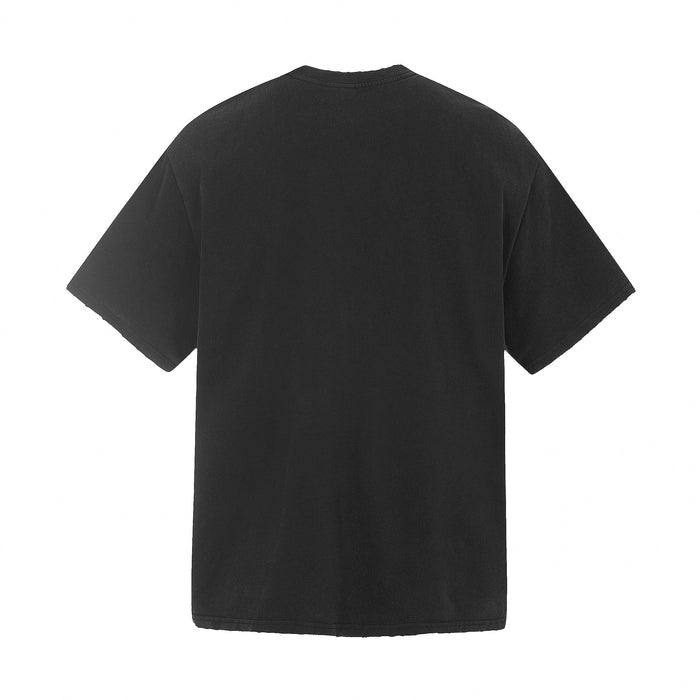 Black oversized graphic tee shown from the back, featuring a relaxed fit and plain streetwear style on a white background