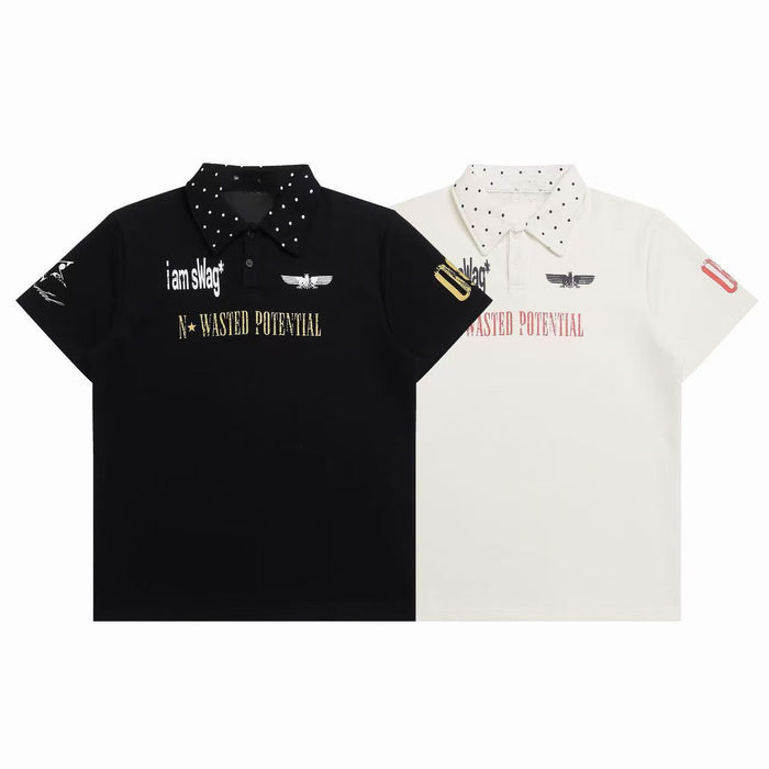 Black and white studded collar polo shirts with distressed typography and aviation eagle graphic on chest