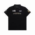 Black graphic polo shirt with studded collar, distressed chest prints, and Y2K streetwear style