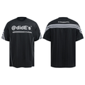 Front and back view of black performance mesh athletic tee with triple-stripe sleeves and bold typography print
