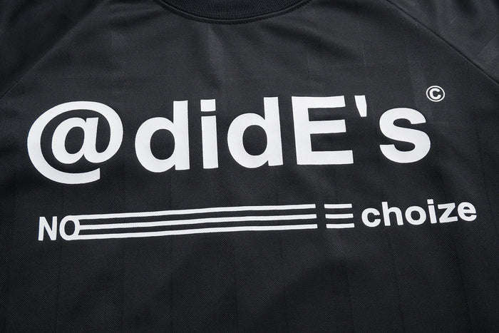 Black mesh athletic tee with bold white didE's graphic and triple-stripe design across the chest