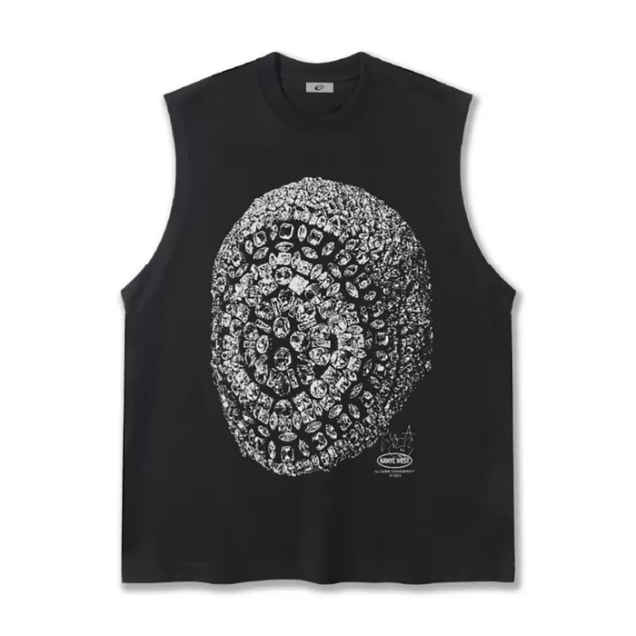 Black sleeveless muscle-fit tee with a high-contrast crystal skull graphic print on the chest
