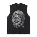 Black sleeveless muscle-fit tee with a high-contrast crystal skull graphic print on the chest