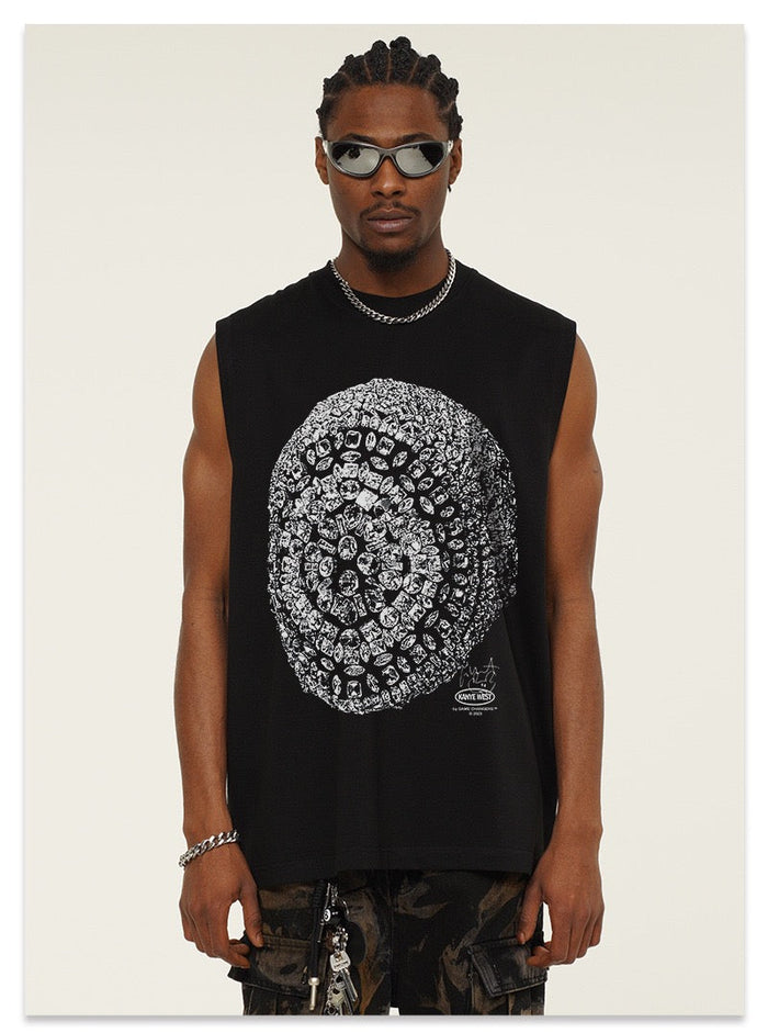 Model wearing black sleeveless tee with crystal skull graphic