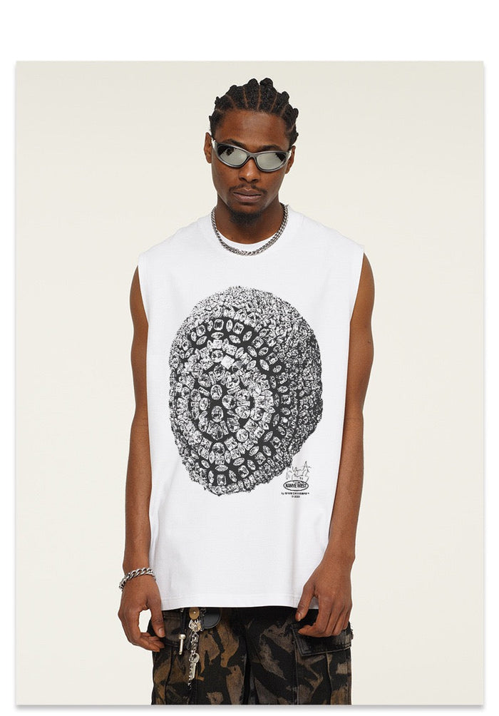 Model wearing white sleeveless tee with crystal skull graphic