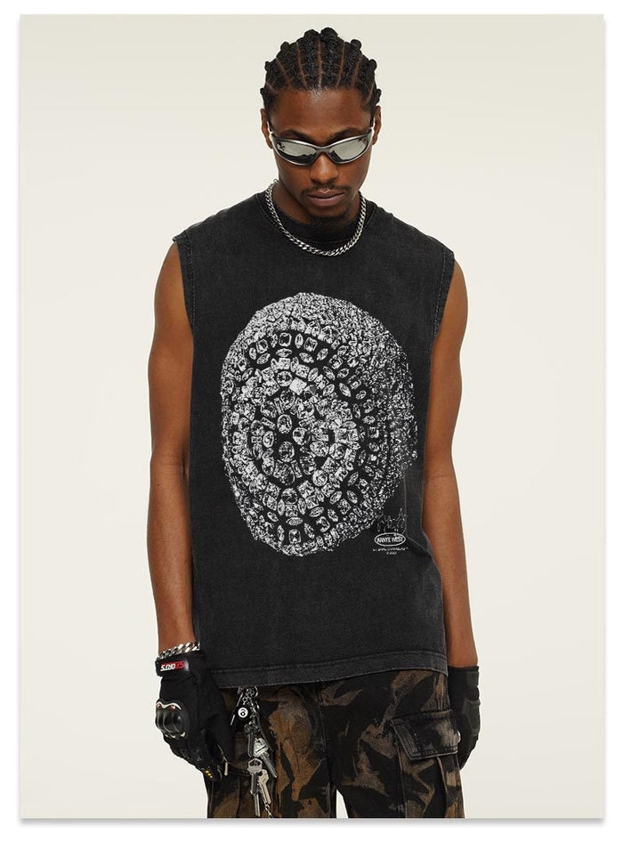 Model wearing faded black sleeveless tee with crystal skull graphic and gloves