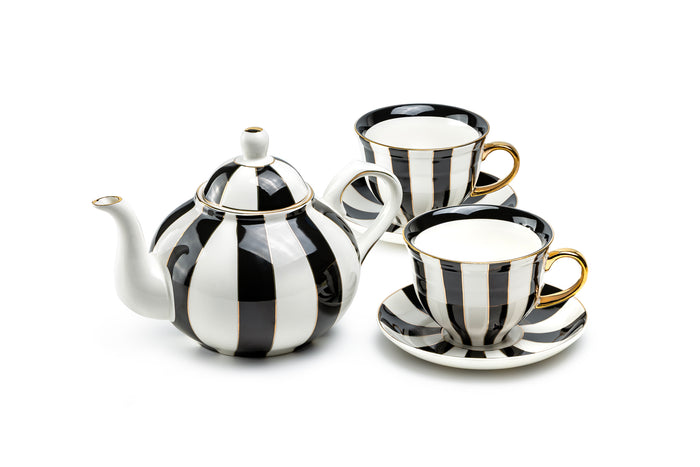 Black Carousel Stripes Fine Porcelain 5-Piece Tea Set
