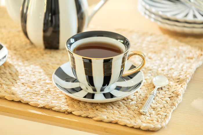Black Carousel Stripes Fine Porcelain Cup and Saucer - 10oz