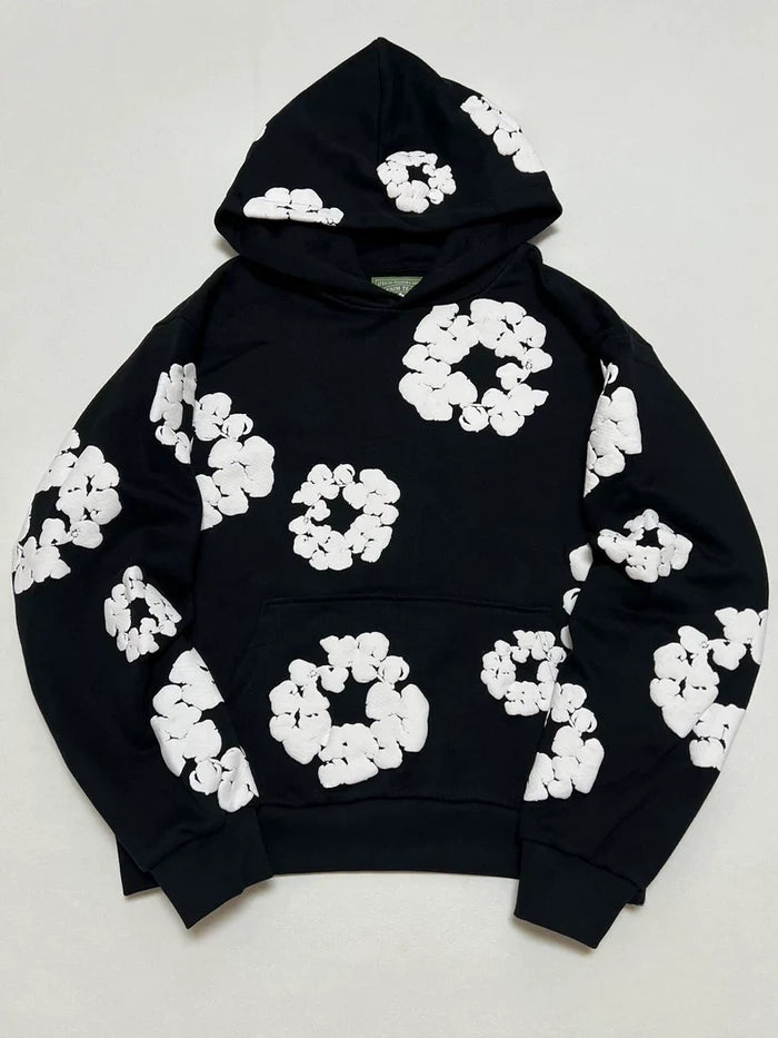 Black “Cotton Wreath” Denim Tears Hoodie – White Floral Ring Print Streetwear Hoodie