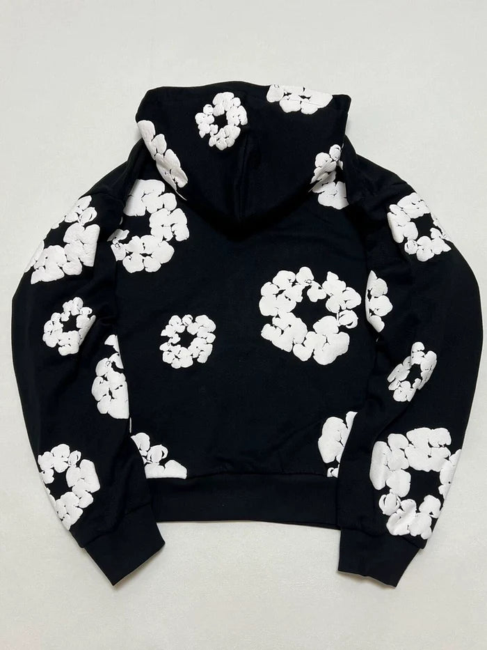 Black “Cotton Wreath” Denim Tears Hoodie – White Floral Ring Print Streetwear Hoodie