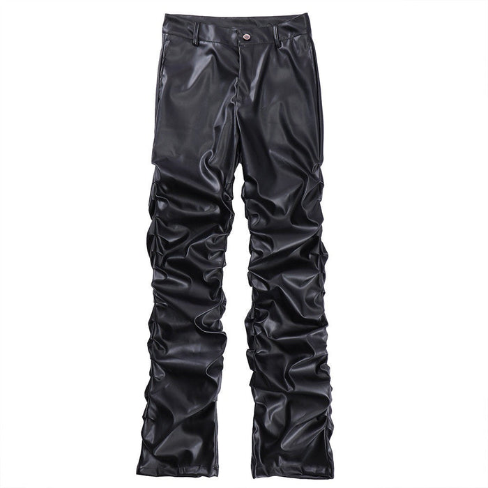 Front view of black ruched faux leather straight-leg pants with button waistband and glossy PU finish