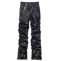 Front view of black ruched faux leather straight-leg pants with button waistband and glossy PU finish