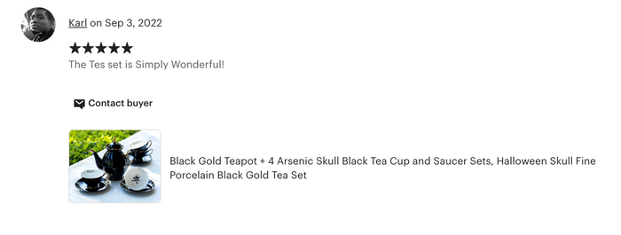 Black Gold Scallop Teapot + 4 Arsenic Skull Tea Cup and Saucer Sets