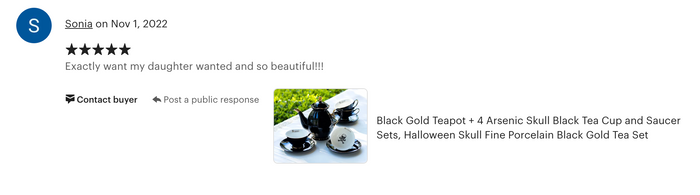 Black Gold Scallop Teapot + 4 Arsenic Skull Tea Cup and Saucer Sets