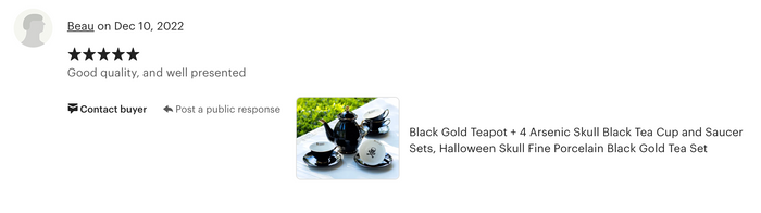 Black Gold Scallop Teapot + 4 Arsenic Skull Tea Cup and Saucer Sets