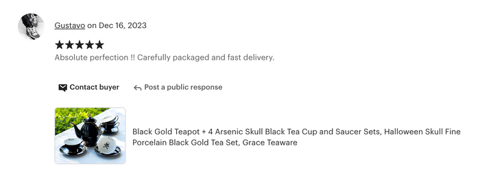 Black Gold Scallop Teapot + 4 Arsenic Skull Tea Cup and Saucer Sets