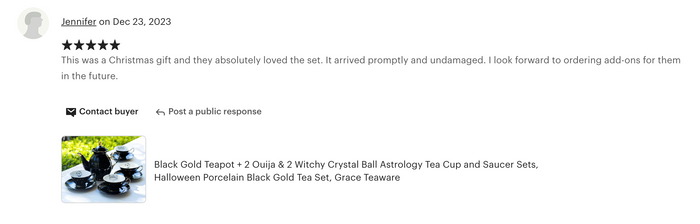 Black Gold Scallop Teapot + 4 Assorted Halloween Tea Cup and Saucer Sets - Ouija & Witchy Crystal Ball