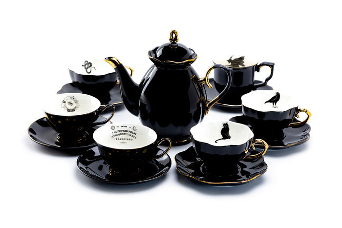 Grace Teaware Black Gold Scallop Teapot + 6 Assorted Halloween Tea Cup and Saucer Sets