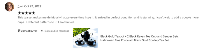 Black Gold Scallop Teapot + Raven Tea Cup and Saucer Sets