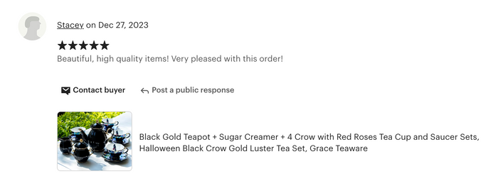Black Gold Teapot + Sugar Creamer + 4 Crow with Red Roses Black Gold Luster Tea Cup and Saucer Sets