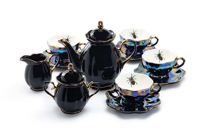 Grace Teaware Spider Black Gold Luster 11-Piece Tea Set