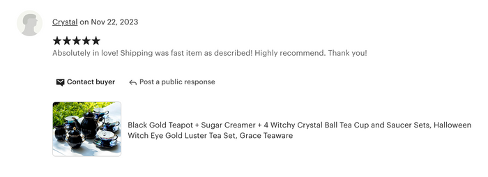 Black Gold Teapot + Sugar Creamer + 4 Witchy Crystal Ball Black Gold Luster Tea Cup and Saucer Sets
