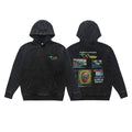 Black pullover hoodie shown front and back, featuring chest star graphic and large graphic collage on back