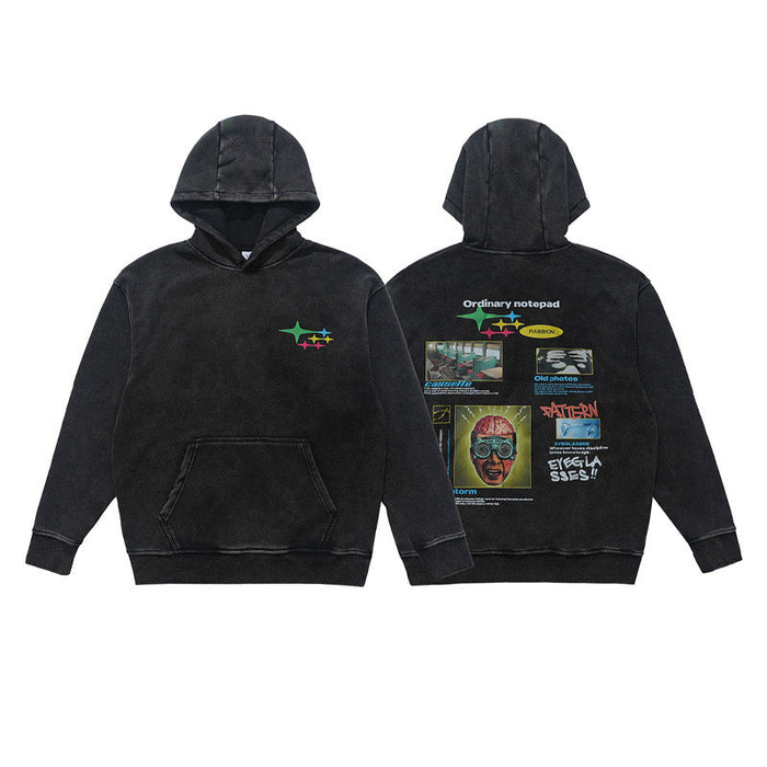 Black pullover hoodie shown front and back, featuring chest star graphic and large graphic collage on back