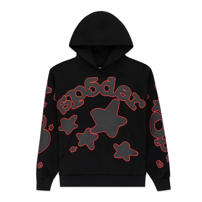 The Sp5der 440GSM Heavyweight Star Hoodie – Black & Grey is an oversized streetwear pullover with bold sp5der chest lettering, outlined red stars and circles, a front pocket, large hood, and heavyweight fleece for warmth and comfort.