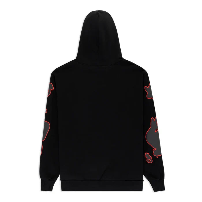 The Sp5der 440GSM Heavyweight Star Hoodie in black & grey is an oversized streetwear pullover. It features red outlined cartoon-style animal faces along the sleeves and a plain back, making it a bold, standout piece for streetwear fans.