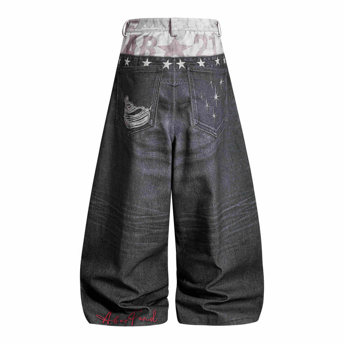 Back view of black layered balloon jeans with star band, distressed pocket and red script hem