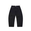 Front view of black heavyweight barrel-leg denim jeans with white contrast stitching and 5-pocket design