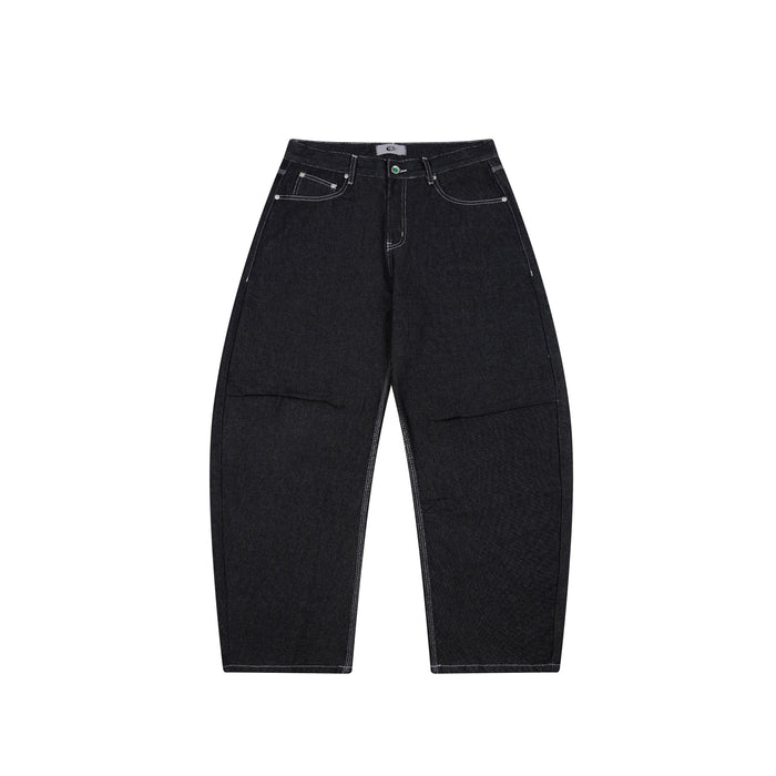 Front view of black heavyweight barrel-leg denim jeans with white contrast stitching and 5-pocket design