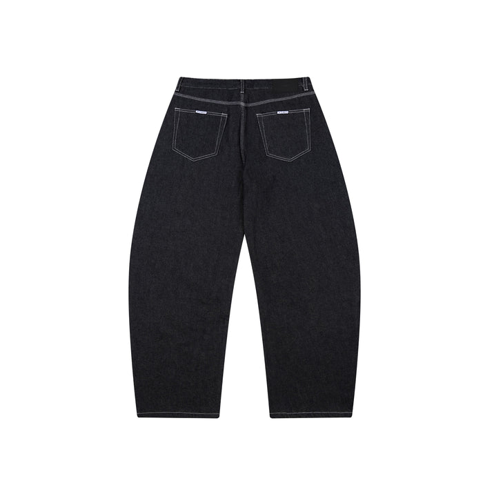 Black barrel-leg jeans with back pockets and heavy contrast stitching