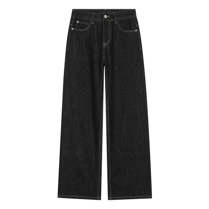 Black wide-leg jeans front view with five pockets and contrast stitching