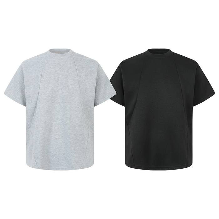 Omirad Minimal Cut oversized structured tee in heather grey and black with geometric front seam detailing, crew neck, short s