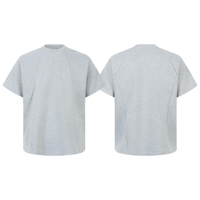 Light gray oversized tee with geometric seam detailing shown front and back on a white background