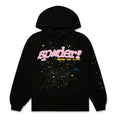 The Sp5der “Hares the Slime” Hoodie is a black 440GSM heavyweight cotton streetwear pullover featuring a graphic spider web with colorful stars and “spider!” in pink fluffy letters above “beso the evil” in yellow text.