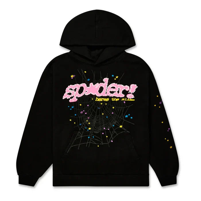 The Sp5der “Hares the Slime” Hoodie is a black 440GSM heavyweight cotton streetwear pullover featuring a graphic spider web with colorful stars and “spider!” in pink fluffy letters above “beso the evil” in yellow text.