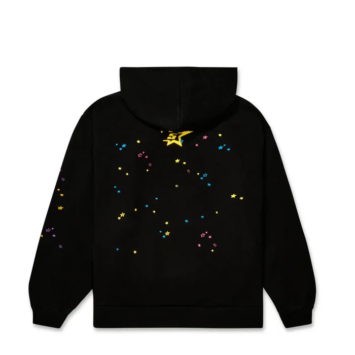 The Sp5der “Hares the Slime” Hoodie in black is a 440GSM heavyweight cotton fleece pullover, featuring scattered yellow, blue, and pink stars on the back and sleeves plus a standout yellow star at the hood's base for bold streetwear style.