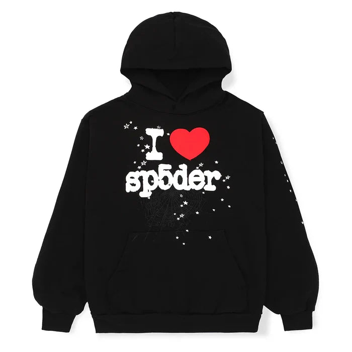The Sp5der “I Love Sp5der” Hoodie – Black Web is a 440GSM heavyweight pullover with "I ♥ sp5der" in white and red, star accents, and a subtle spider web on the front—ideal for elevating your Y2K streetwear style.