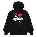 The Sp5der “I Love Sp5der” Hoodie – Black Web is a 440GSM heavyweight pullover with "I ♥ sp5der" in white and red, star accents, and a subtle spider web on the front—ideal for elevating your Y2K streetwear style.