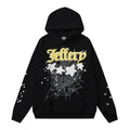 The Sp5der Jeffery Hoodie – Black Web 440GSM Heavyweight Streetwear Pullover features bold yellow “Jeffery” lettering, a front white spider web with stars and shapes, and trendy star patterns on both sleeves.