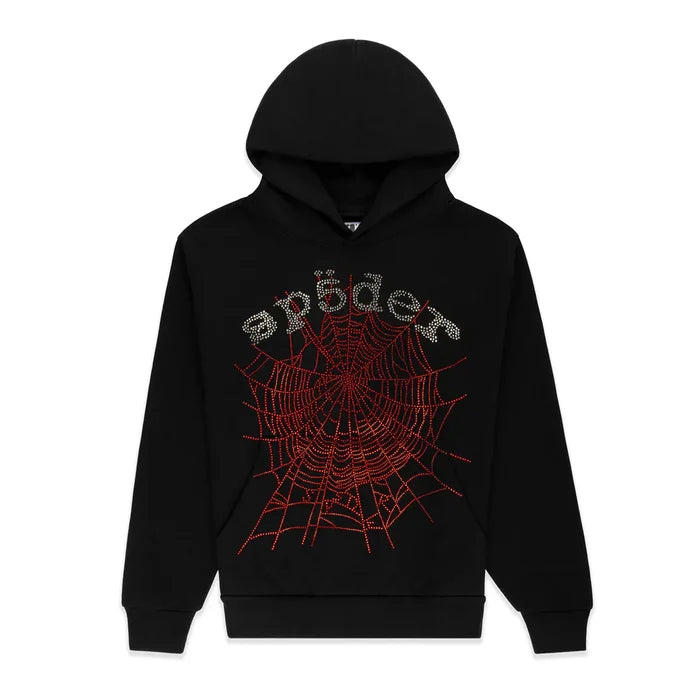 The Sp5der Rhinestone Web Hoodie – Black 440GSM Heavyweight Oversized Streetwear Pullover features “spider” in sparkling rhinestones above a bold red web, plus a front pocket and drawstring hood.