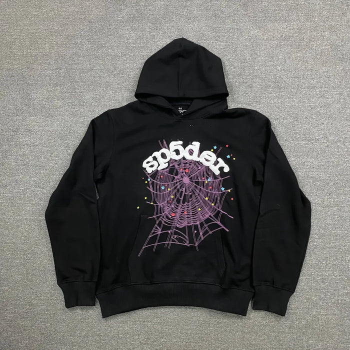 The Black Sp5der Web Hoodie 440GSM features a bold purple web and white stars on the front, "sp5der" in striking white lettering above, making this black spider hoodie a standout choice for streetwear style.