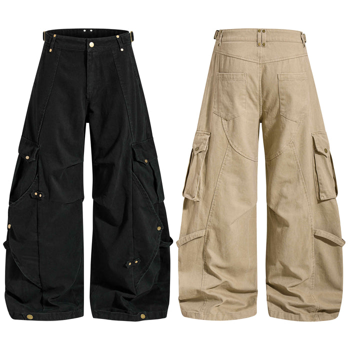 Black and khaki wide-leg cargo pants with belt loops, snap buttons, and flap pockets