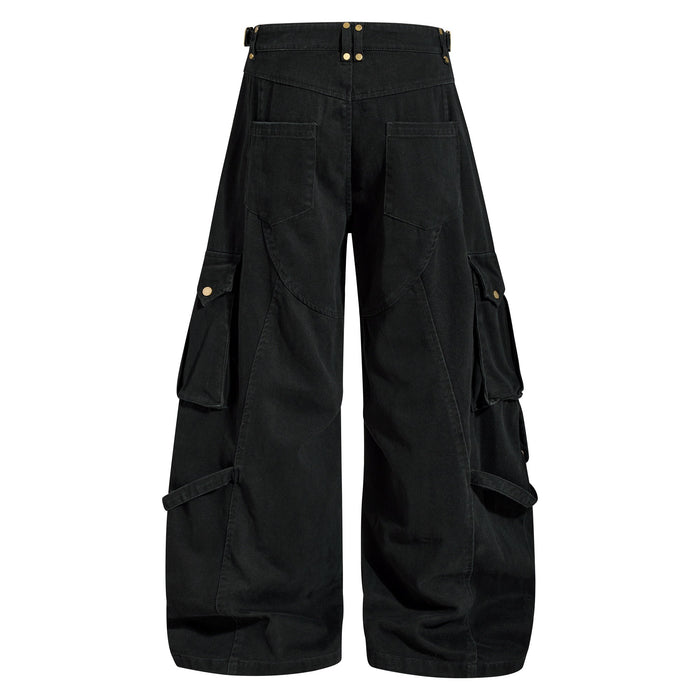 Back view of black wide-leg cargo pants with rear patch pockets and snap belt tabs