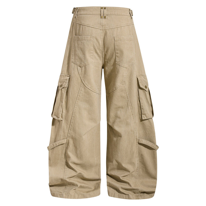 Back view of khaki wide-leg cargo pants with rear patch pockets and side cargo flaps