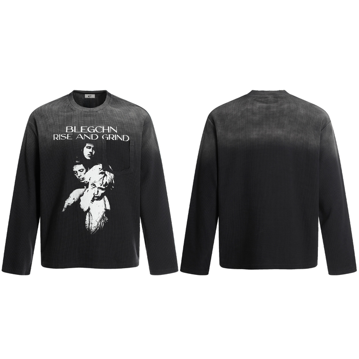 Front and back view of black gradient waffle-knit long sleeve tee with Blegchn Rise and Grind graphic print