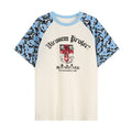 Cream raglan t-shirt with blue camo sleeves and distressed crest graphic print on the front